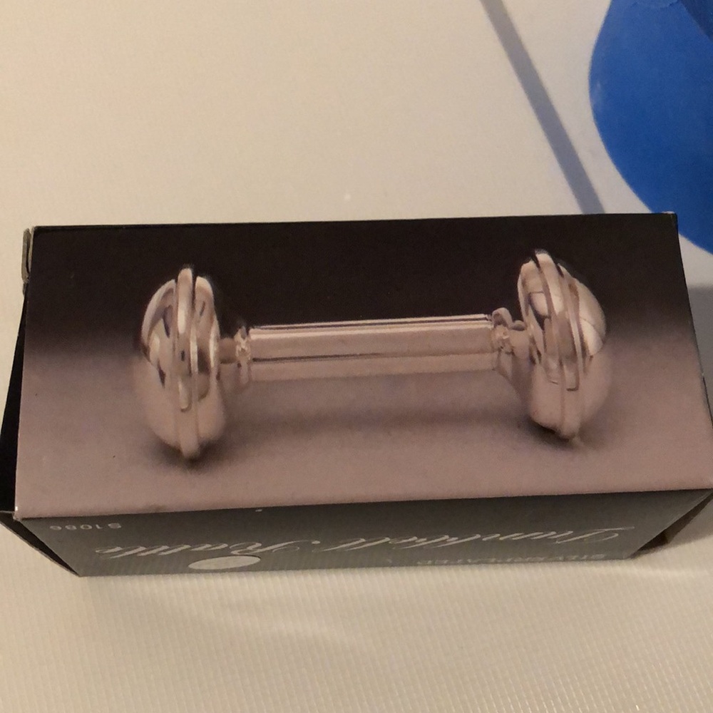 - Silver plated baby rattle/dumbbell keepsake